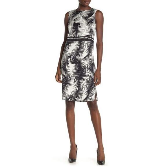 ST. JOHN Collection Silk Crepe Size 10 Caviar White Palm Print Dress NWT $1045 - Picture 1 of 2